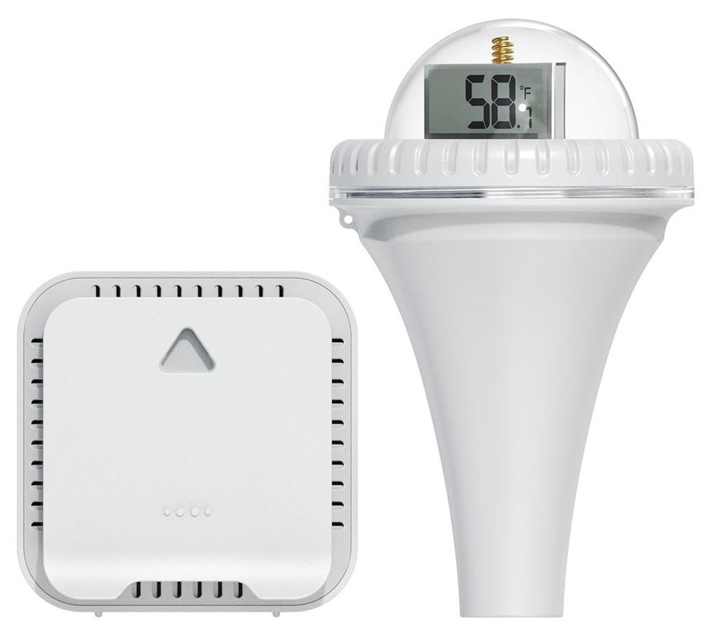 Ein weißer Thermometer-Sensor und ein weißer Sender auf weißem Hintergrund.