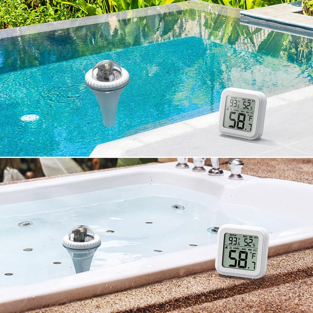 Ein Poolthermometer schwimmt im Pool, ein digitaler Thermometer zeigt 58,5 Grad F.