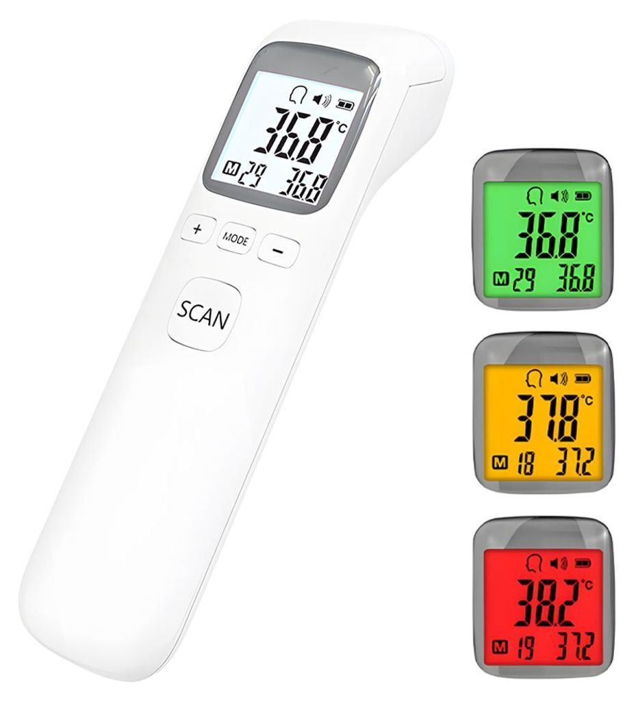Ein weißes Fieberthermometer mit drei digitalen Anzeigen in Grün, Gelb und Rot.