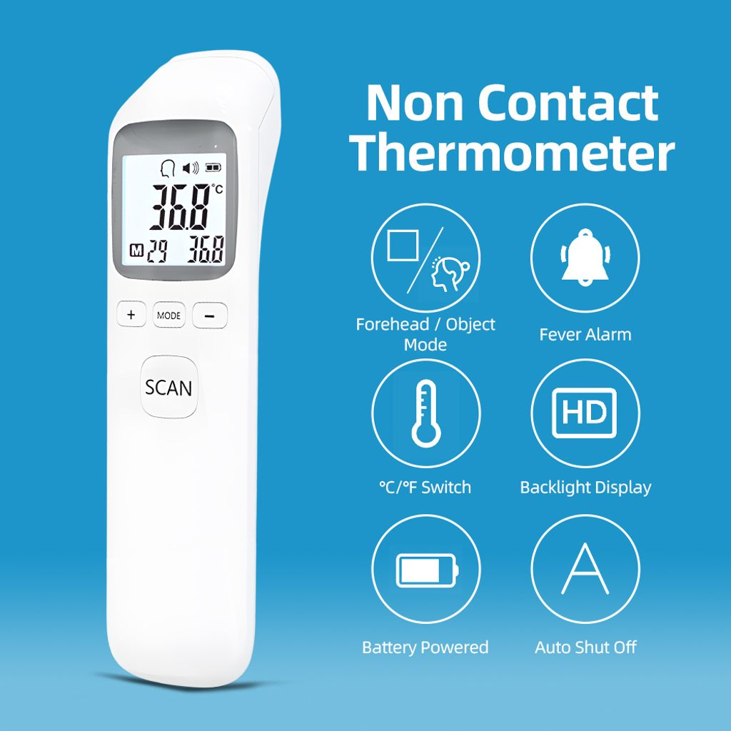 Ein weißes berührungsloses Thermometer zeigt 36,8 °C an. Merkmale: Stirn-/Objektmodus, Fieberalarm, °C/°F-Umschaltung, Hintergrundbeleuchtung, batteriebetrieben, automatische Abschaltung.