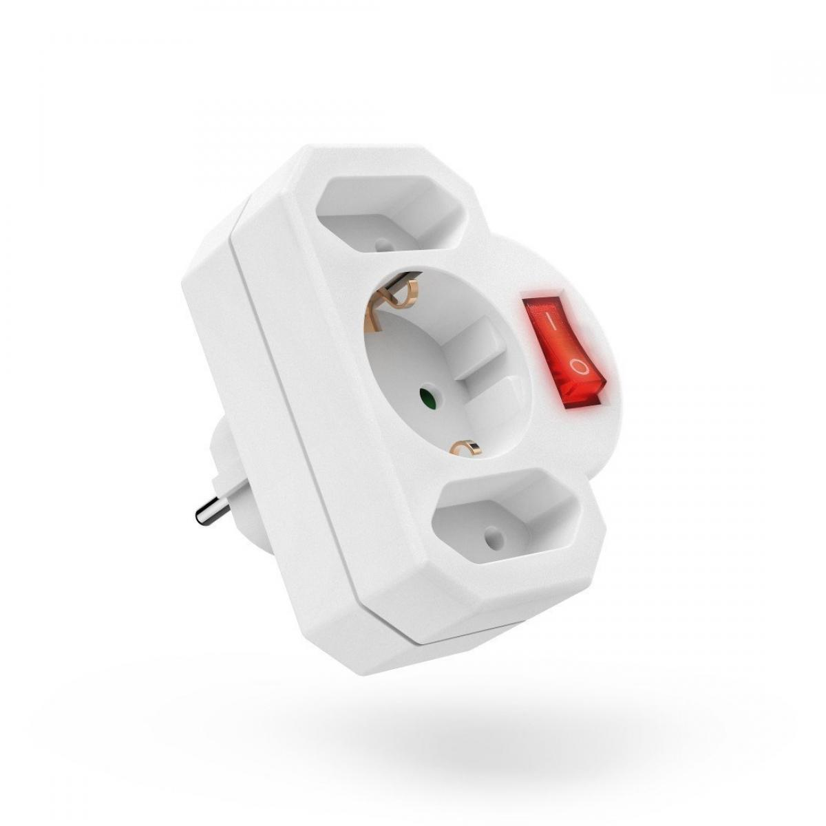 Ein weißer elektrischer Adapter mit einem beleuchteten roten Schalter und drei Steckdosen.