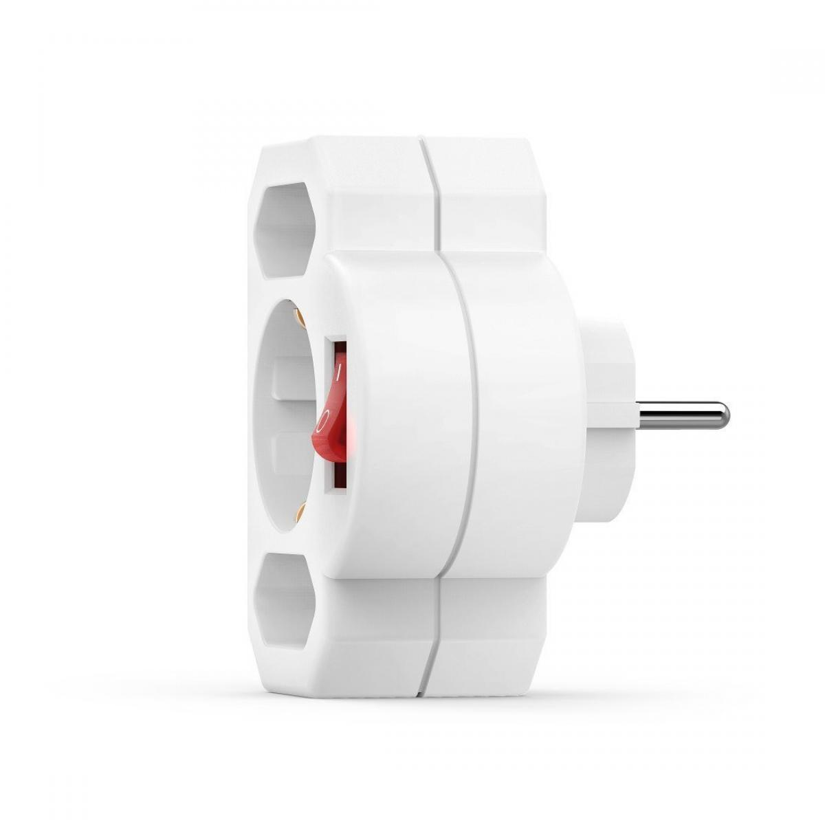 Weißer Mehrfachsteckdosenadapter mit rotem Schalter und einem Stecker.