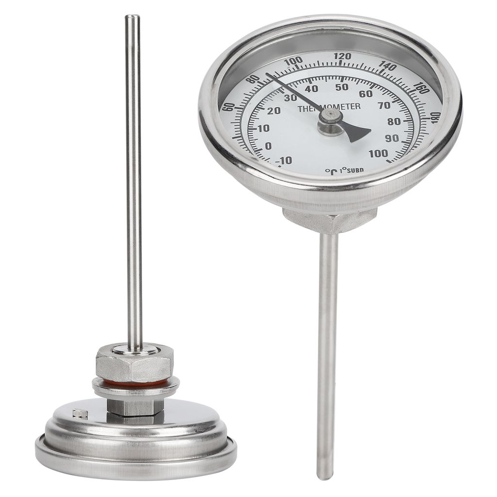 Ein analoges Thermometer aus Metall mit einem Stabfühler und einer runden Anzeige.