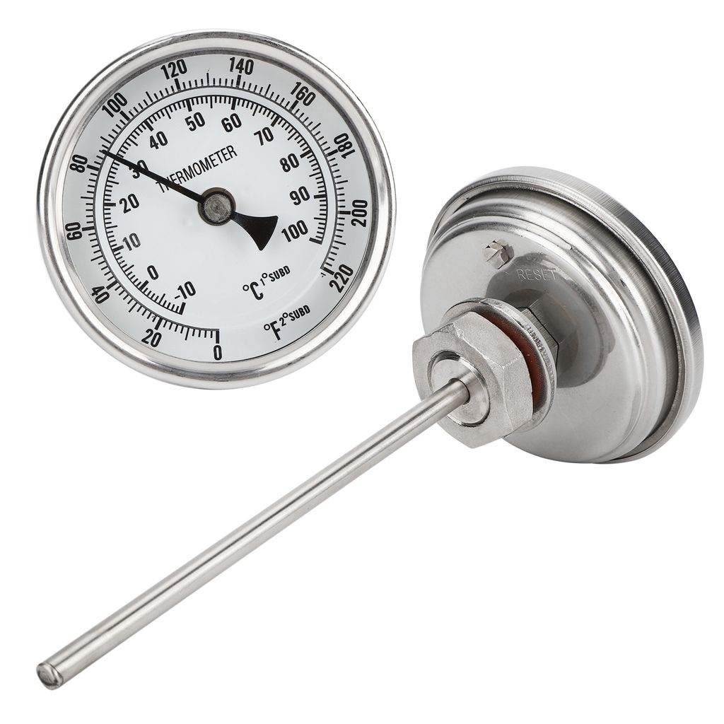 Ein Thermometer aus Edelstahl mit weißem Zifferblatt und schwarzem Zeiger. Der Stiel ist rechts.