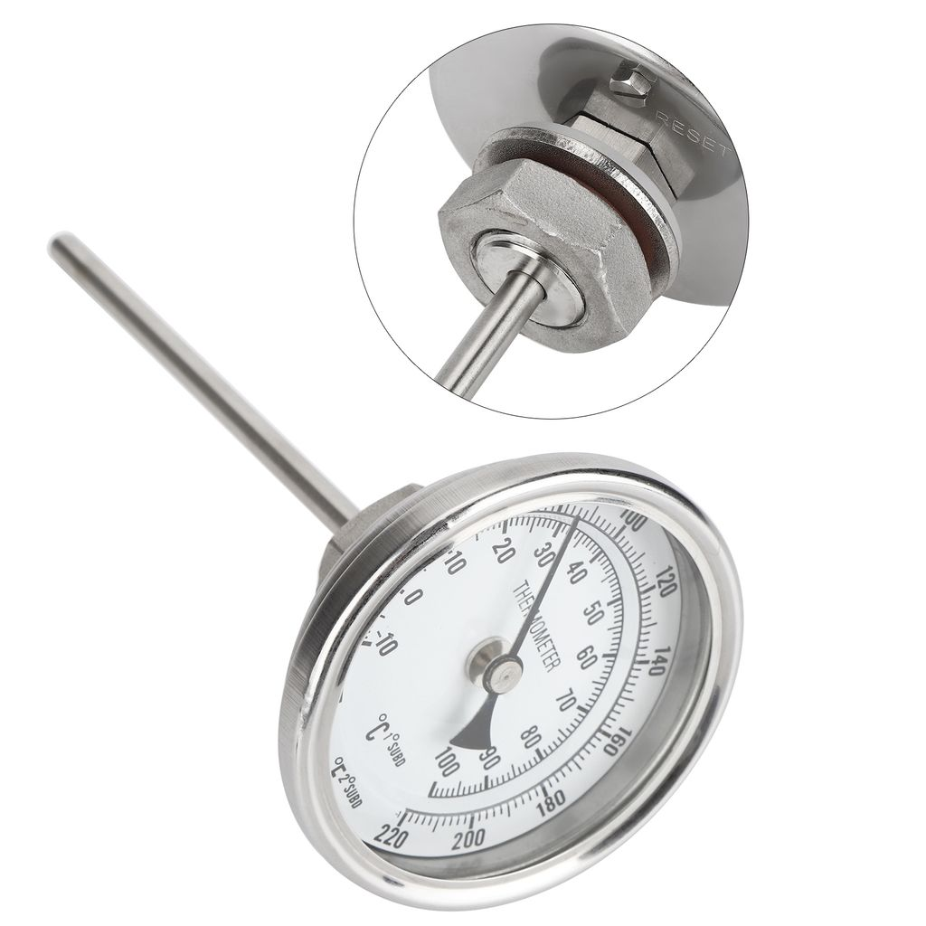 Ein Thermometer aus Edelstahl mit Skalen in Celsius und Fahrenheit. Ein Detail zeigt die Rückseite.