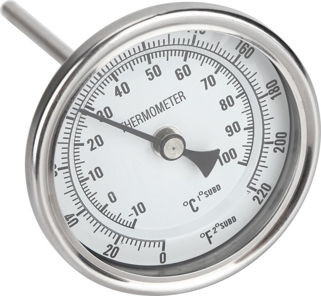 Nahaufnahme eines runden, silbernen Thermometers. Zifferblatt zeigt Temperaturen in C und F, Zeiger nahe 100F.