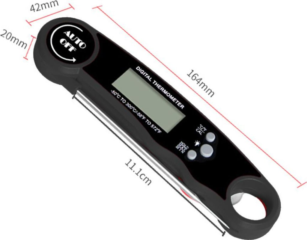 Schwarzes Digitalthermometer mit ausklappbarem Metallfühler und LCD-Anzeige.