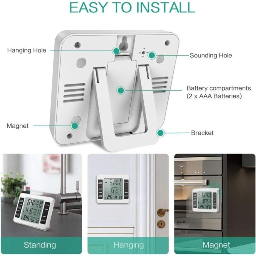 Digitaler Timer mit Halterung, Magnet und Aufhängeloch. Stehend, hängend und am Kühlschrank gezeigt.