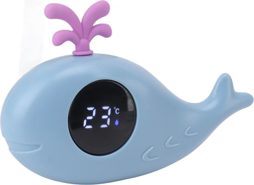 Eine blaue Wal-förmige Digitaluhr zeigt 23 Grad Celsius an.