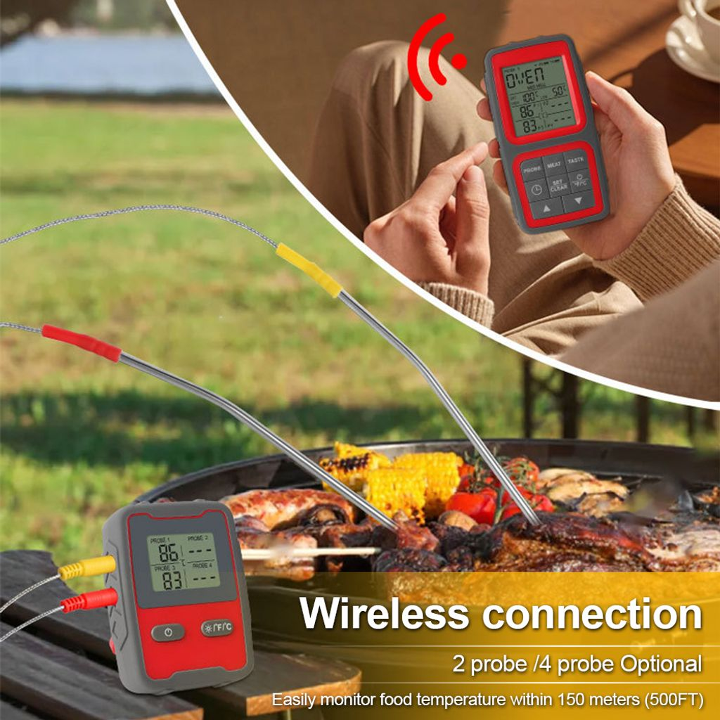 Grillthermometer mit zwei Sonden überwacht Fleisch und Mais auf einem Grill.
