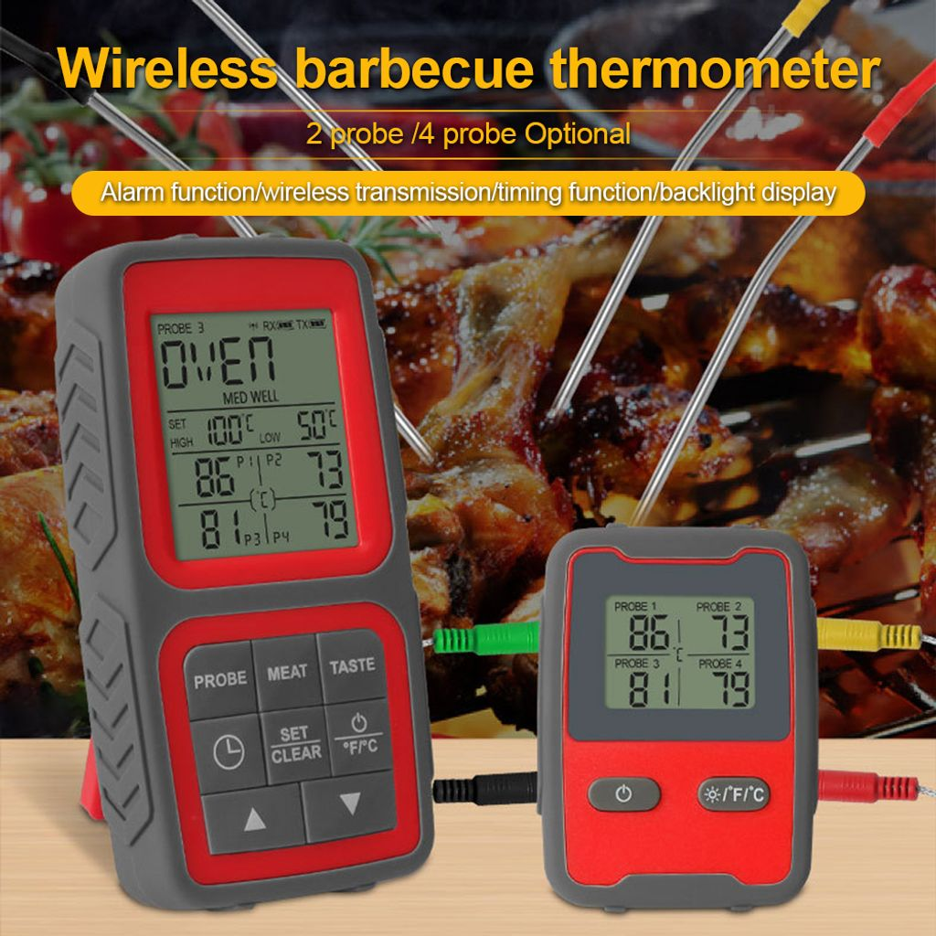 Zwei digitale Fleischthermometer mit Sonden liegen vor einem Grillgericht.