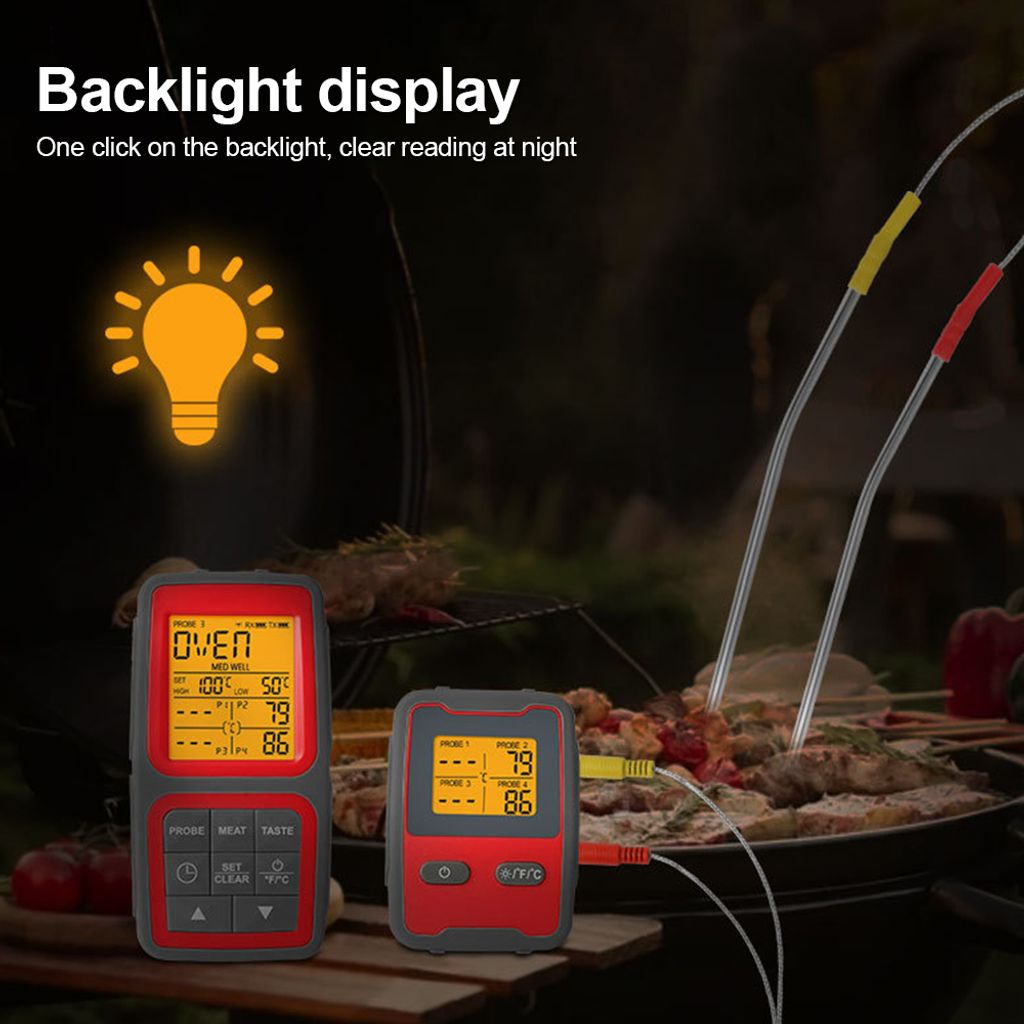 Zwei digitale Thermometer mit Sonden werden gezeigt, eines zeigt Ofentemperaturen, das andere Fleischtemperaturen.