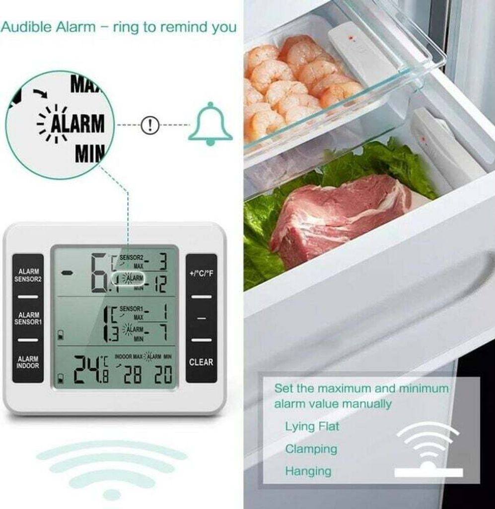 Ein Kühlschrank-Thermometer mit Alarmfunktion, das Fleisch und Garnelen anzeigt.