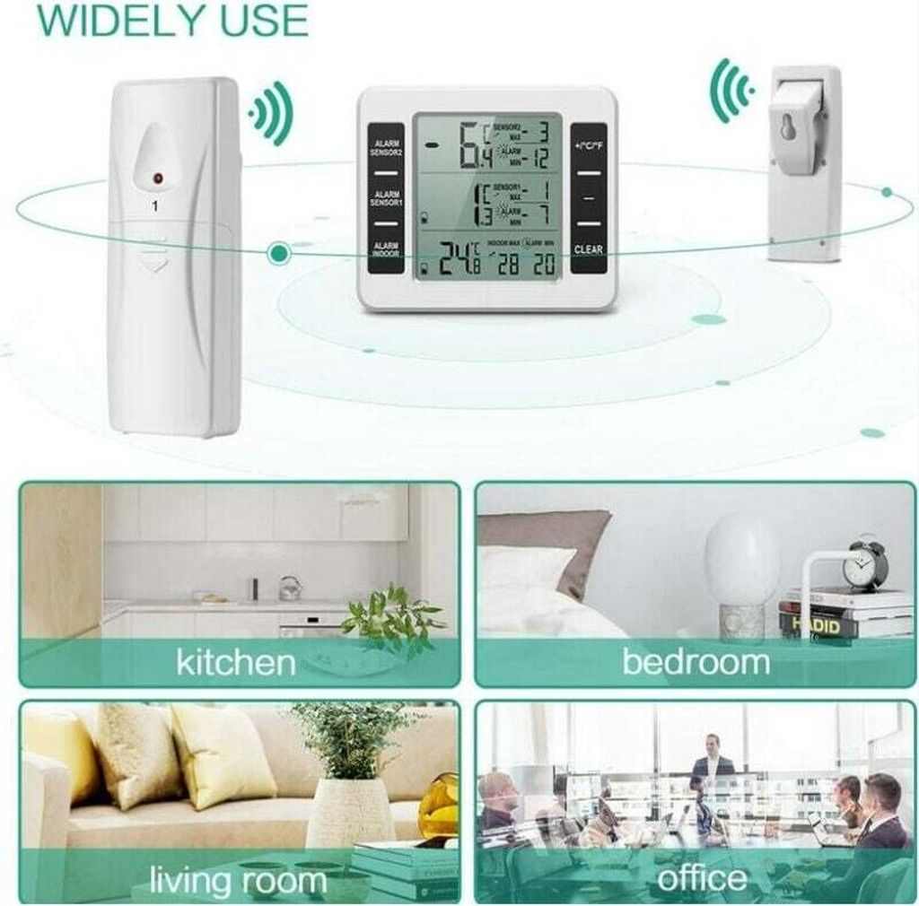 Ein Thermometer-Set mit Sender und Empfänger für Küche, Schlafzimmer, Wohnzimmer, Büro.