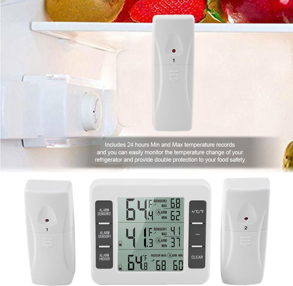 Ein Kühlschrankthermometer mit zwei Sensoren und einem Hauptgerät zeigt Min/Max-Temperaturen an.