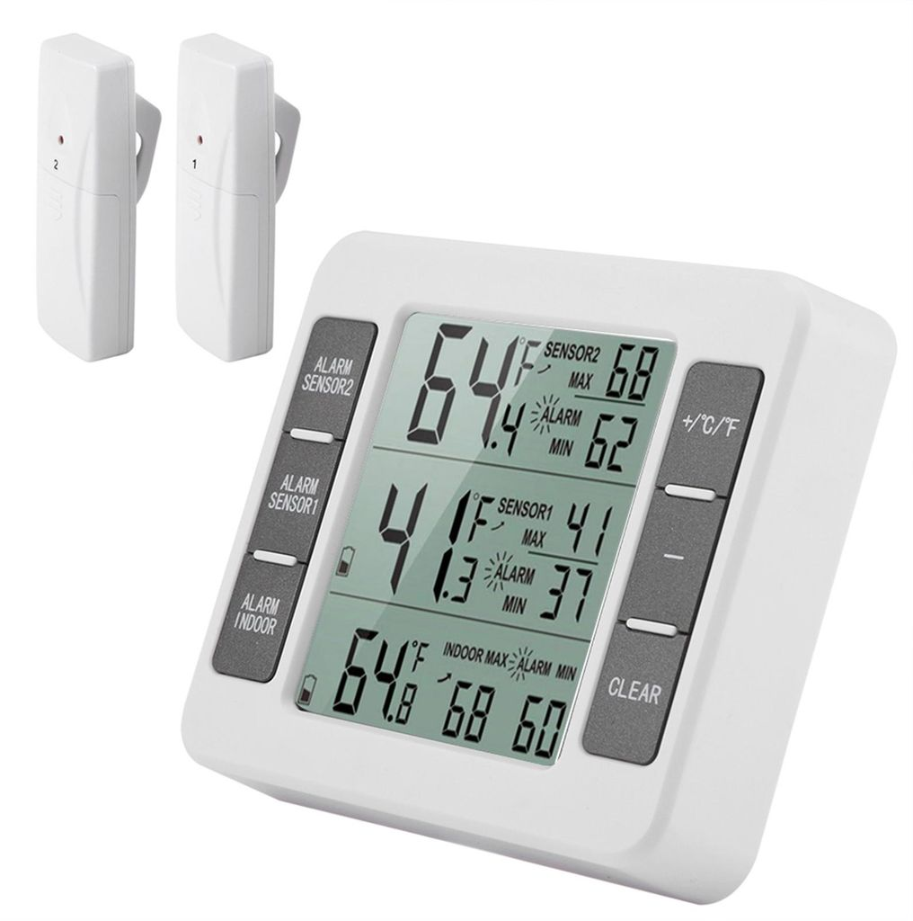 Ein weißes Thermometer mit zwei externen Sensoren und einem LCD-Bildschirm.