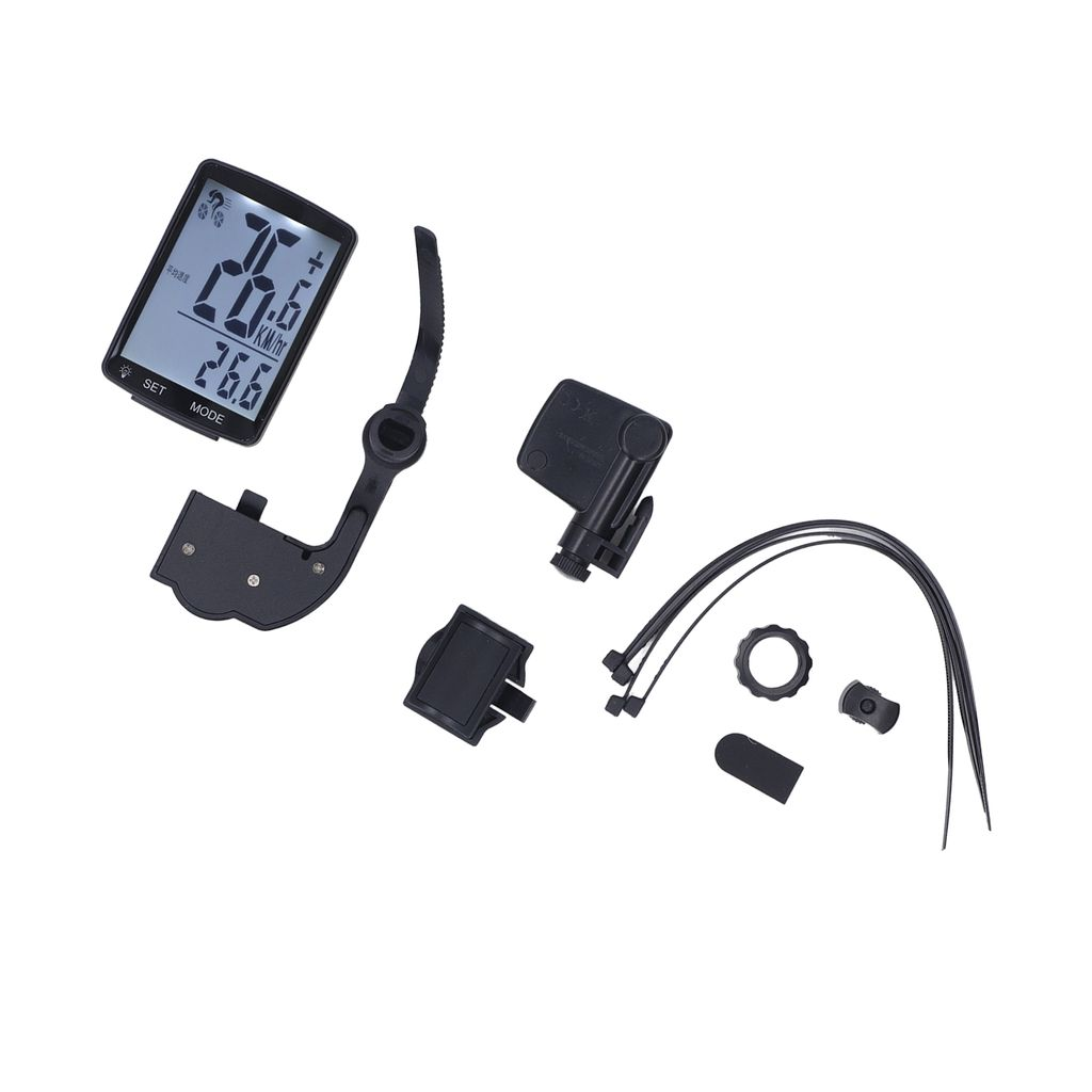 Schwarzer Fahrradcomputer mit Halterung, Sensor, Kabelbindern und Zubehör auf weißem Hintergrund.