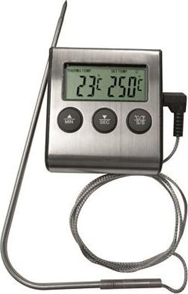 Ein digitales Fleischthermometer mit LCD-Anzeige und Edelstahlsonden.