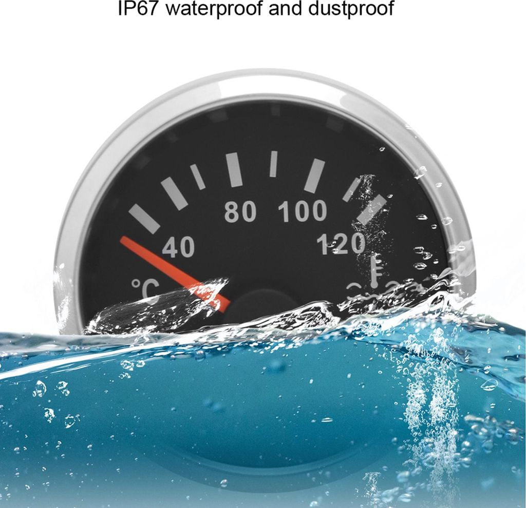 Ein Thermometer mit einer roten Nadel, die auf 40 Grad Celsius zeigt, teilweise im Wasser.