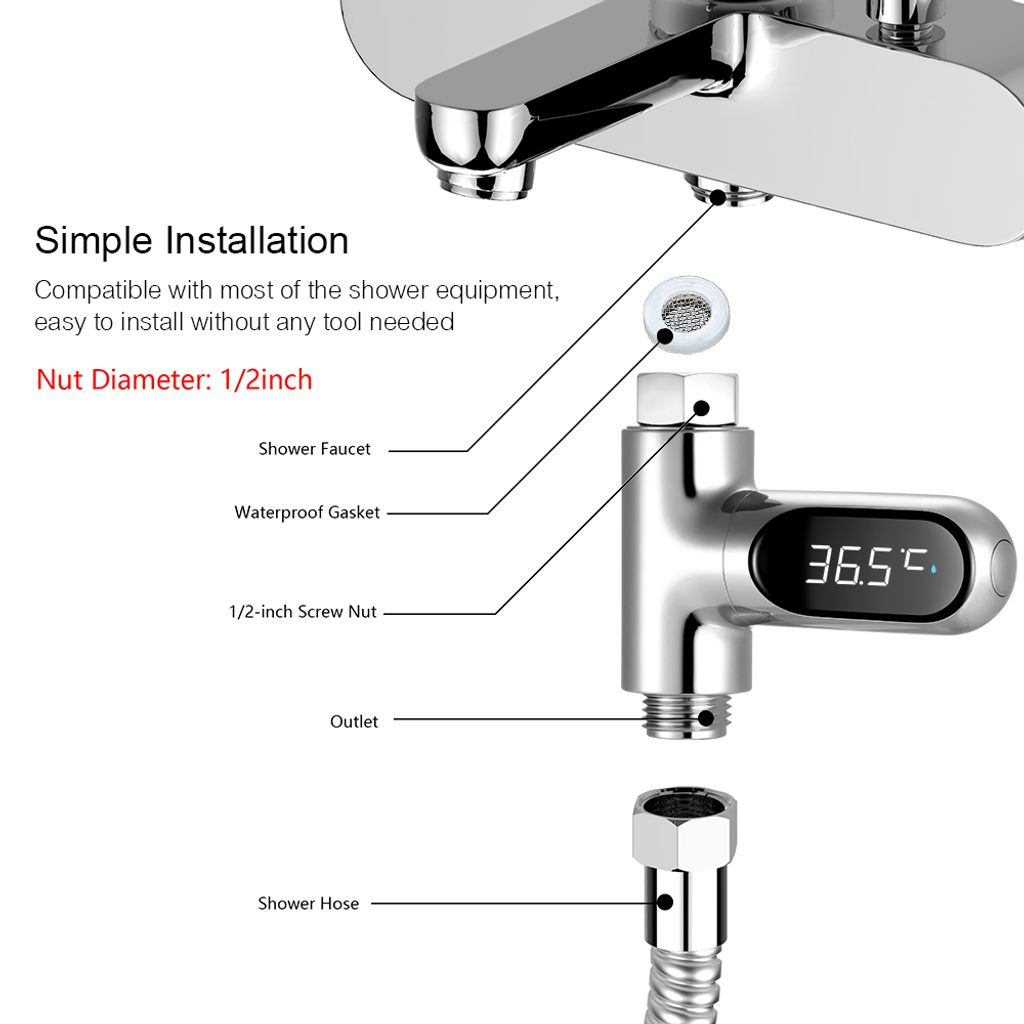 Duscharmatur mit digitaler Temperaturanzeige 36,5°C, einfache Installation.