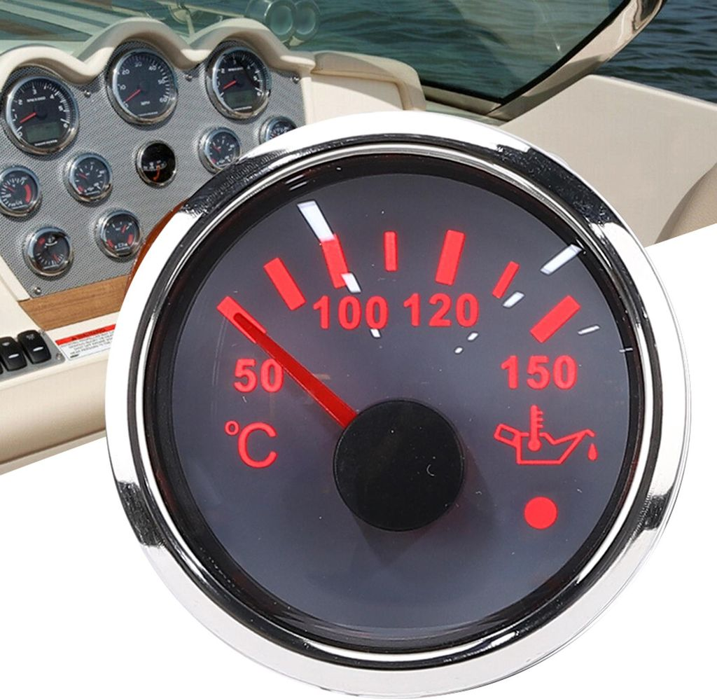 Temperaturanzeige in einem Boot mit roten Skalen und Zeigern, die 50 °C anzeigen.