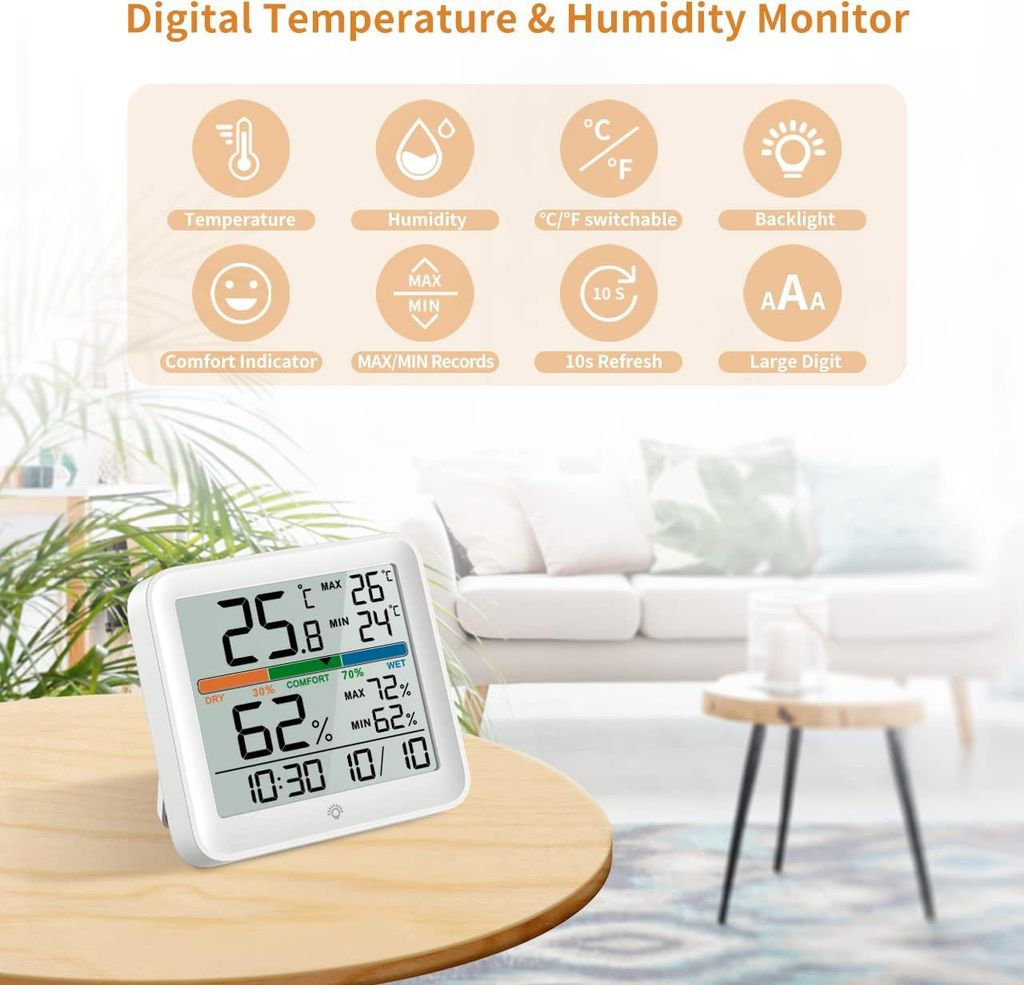 Digitaler Temperatur- und Feuchtigkeitsmonitor mit Display, das 25.8°C, 62% Luftfeuchtigkeit und 10:30 anzeigt.