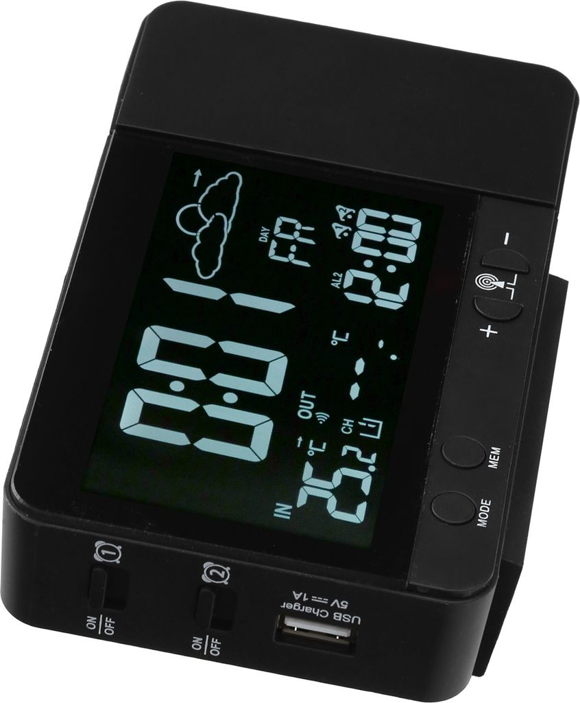 Ein schwarzes digitales Thermometer zeigt Zeit und Temperatur an, mit USB-Anschluss unten.