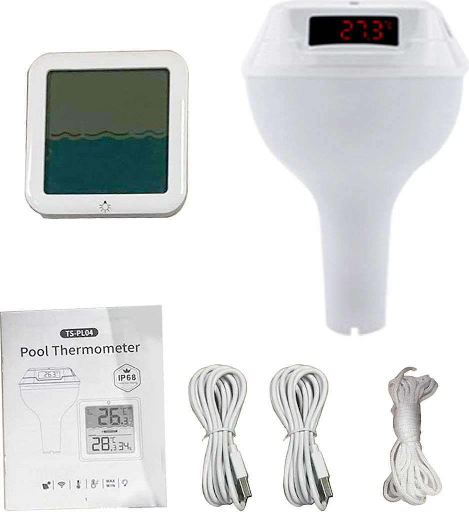 Poolthermometer-Set mit Schwimmgerät, separatem Bildschirm, Anleitung, zwei USB-Kabeln und Seil.