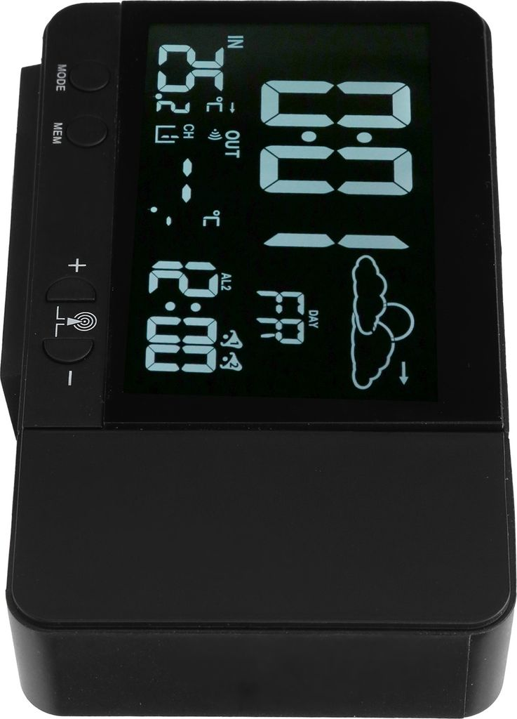Ein schwarzes Digitalthermometer zeigt 25.2°C innen und 00:01°C außen an.