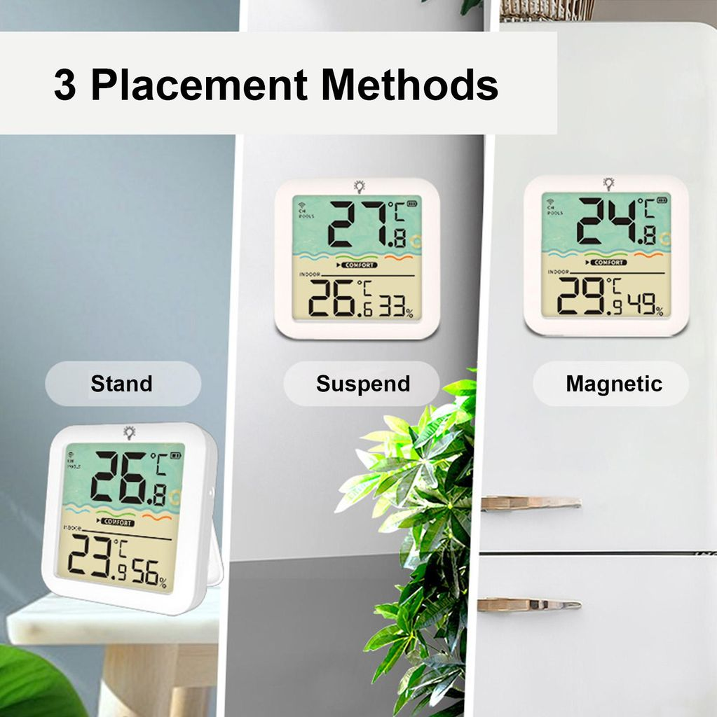 Drei digitale Thermometer zeigen verschiedene Messwerte und Platzierungsmethoden an: Stand, Aufhängen, Magnetisch.