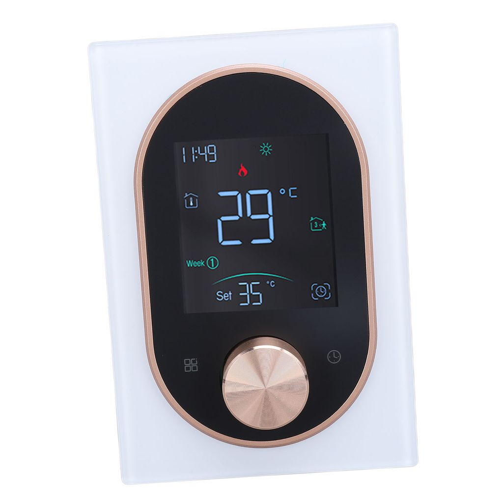 Ein digitaler Thermostat mit schwarzem Bildschirm, der 29°C anzeigt. Ein Rad ist unten angebracht.