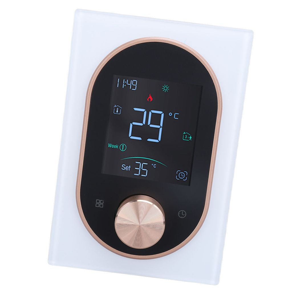 Ein Thermostat mit digitaler Anzeige zeigt 29 Grad an, mit Einstellung auf 35 Grad.
