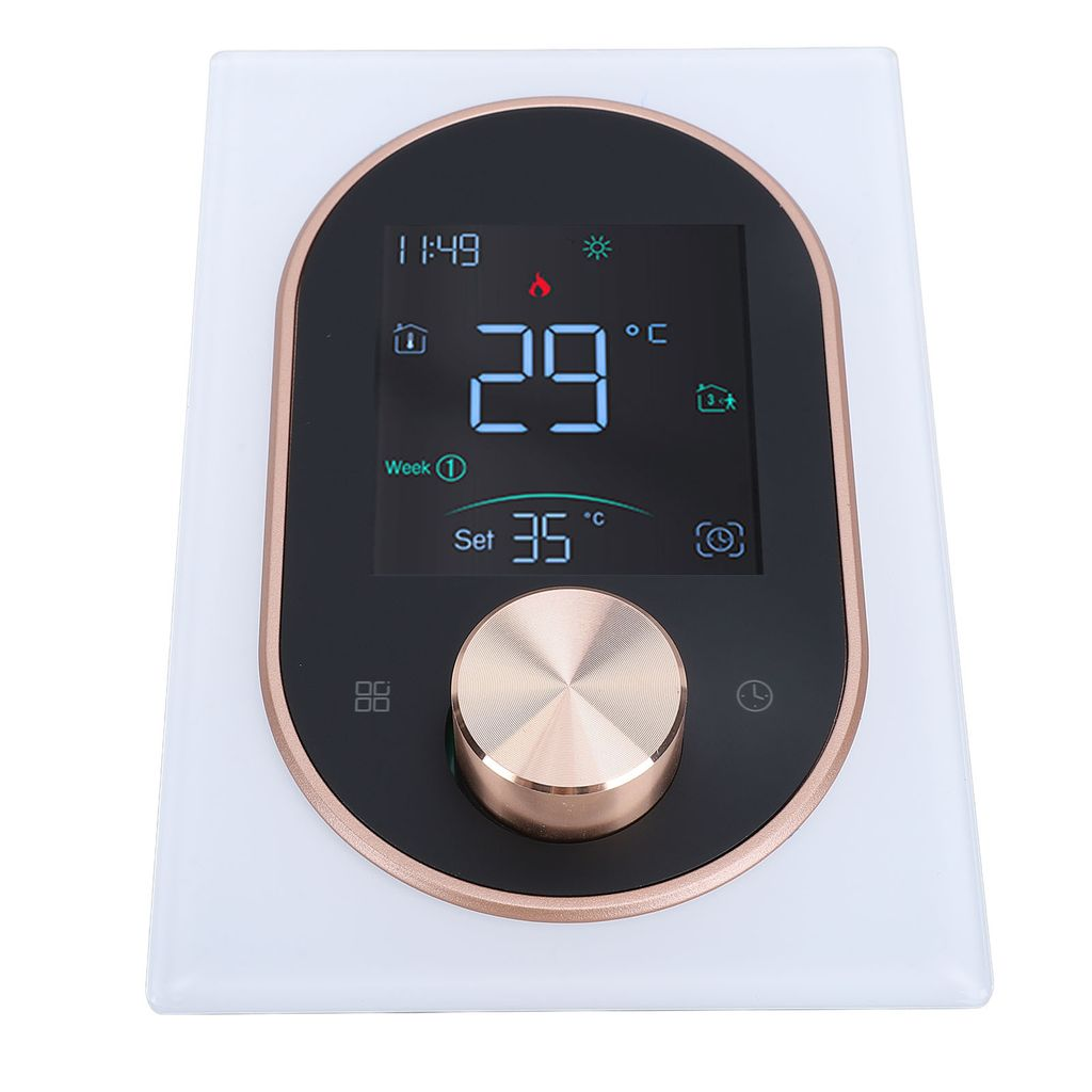 Ein weißer Thermostat mit einem digitalen Display, das 29°C anzeigt.