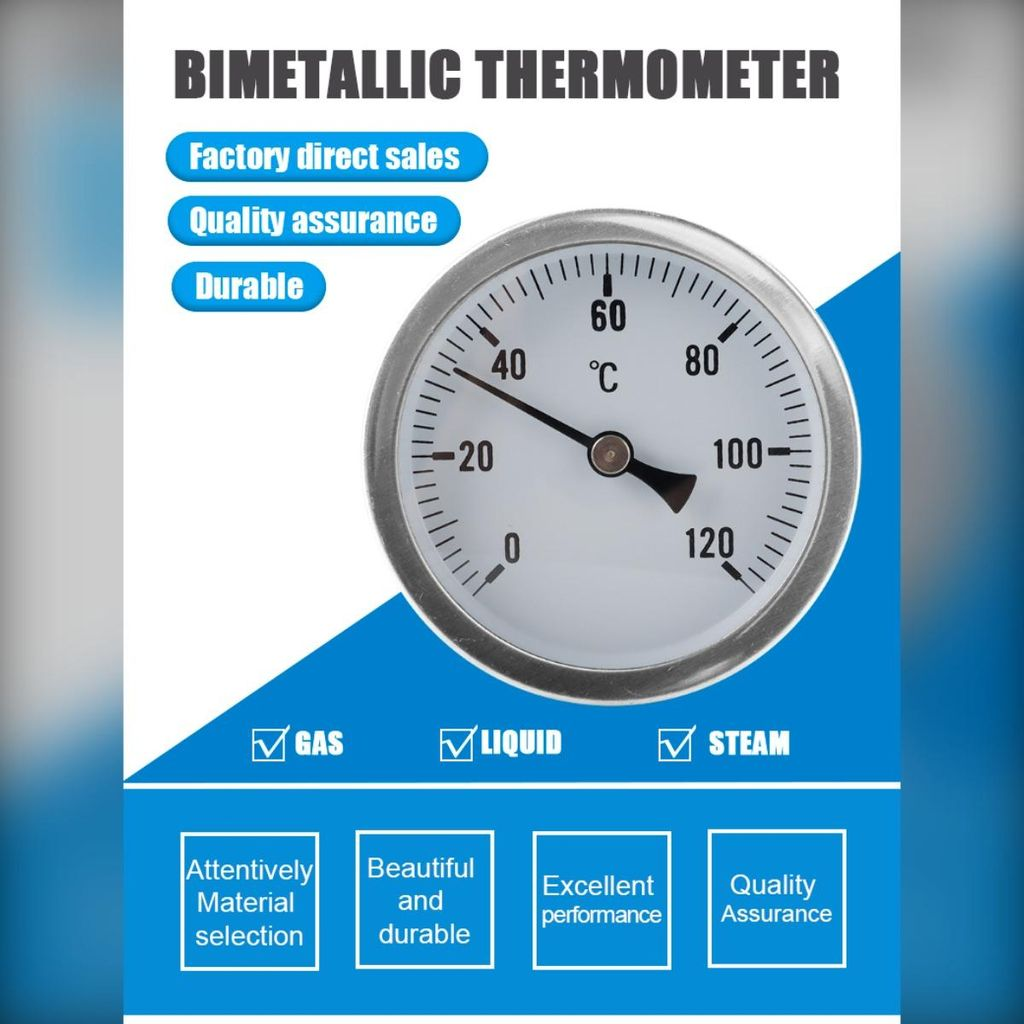 Ein Bimetallthermometer mit weißem Zifferblatt, schwarzem Zeiger und Skala von 0-120°C.