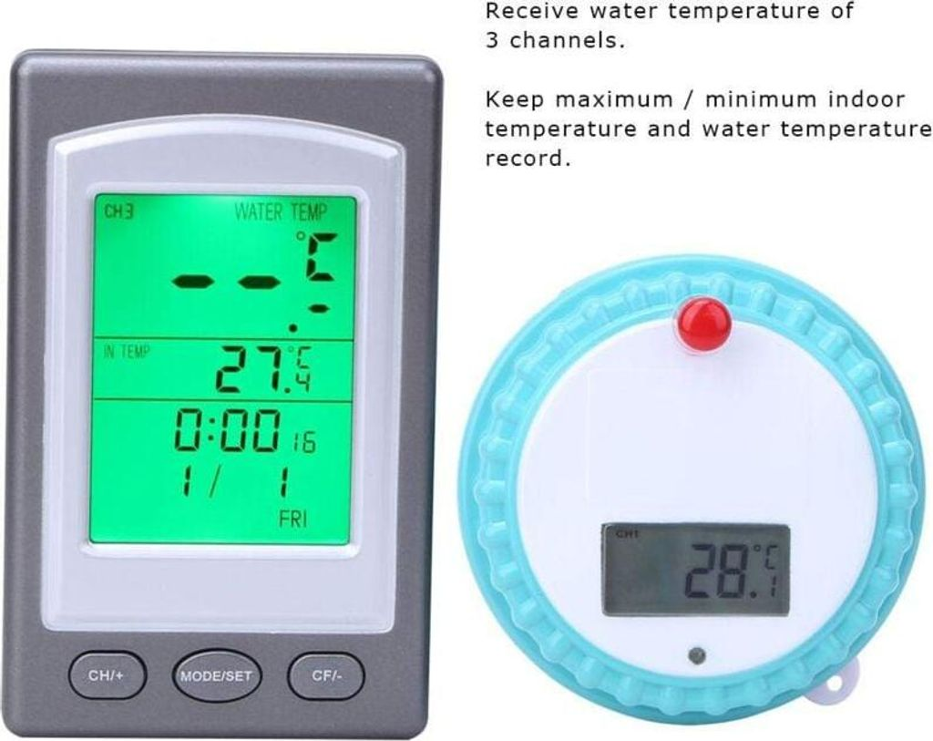 Zwei digitale Thermometer: eins mit grünem Display, eins rund mit blauem Rand.