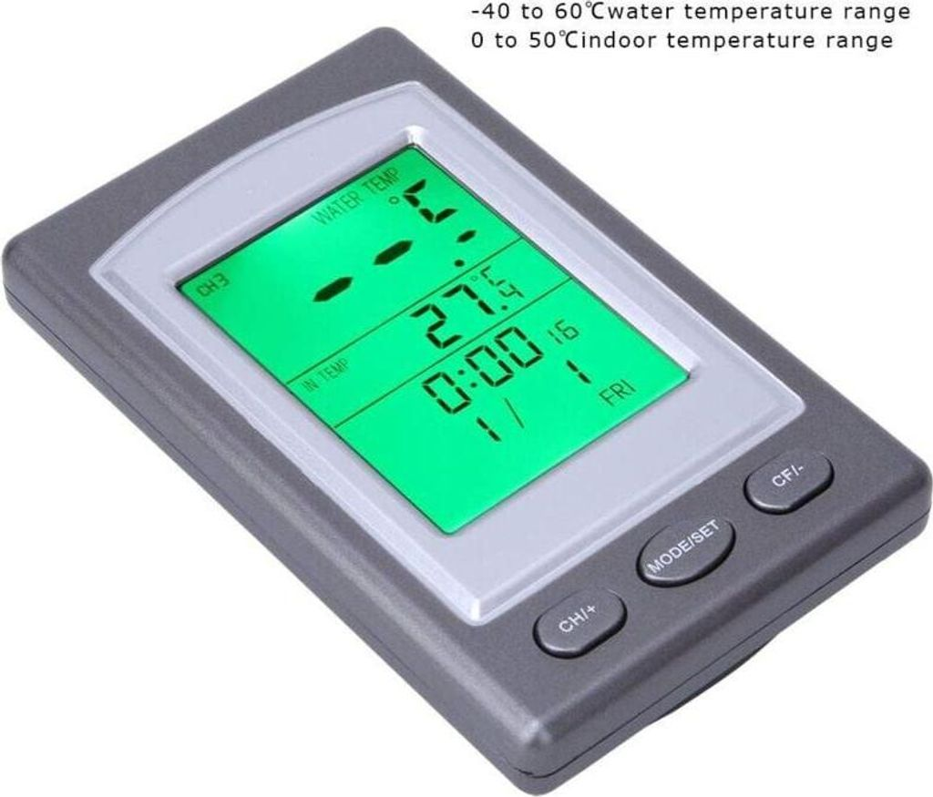 Ein digitales Thermometer mit grünem Display zeigt Wassertemperatur 27.5°C und Innen-Temp 0:00.