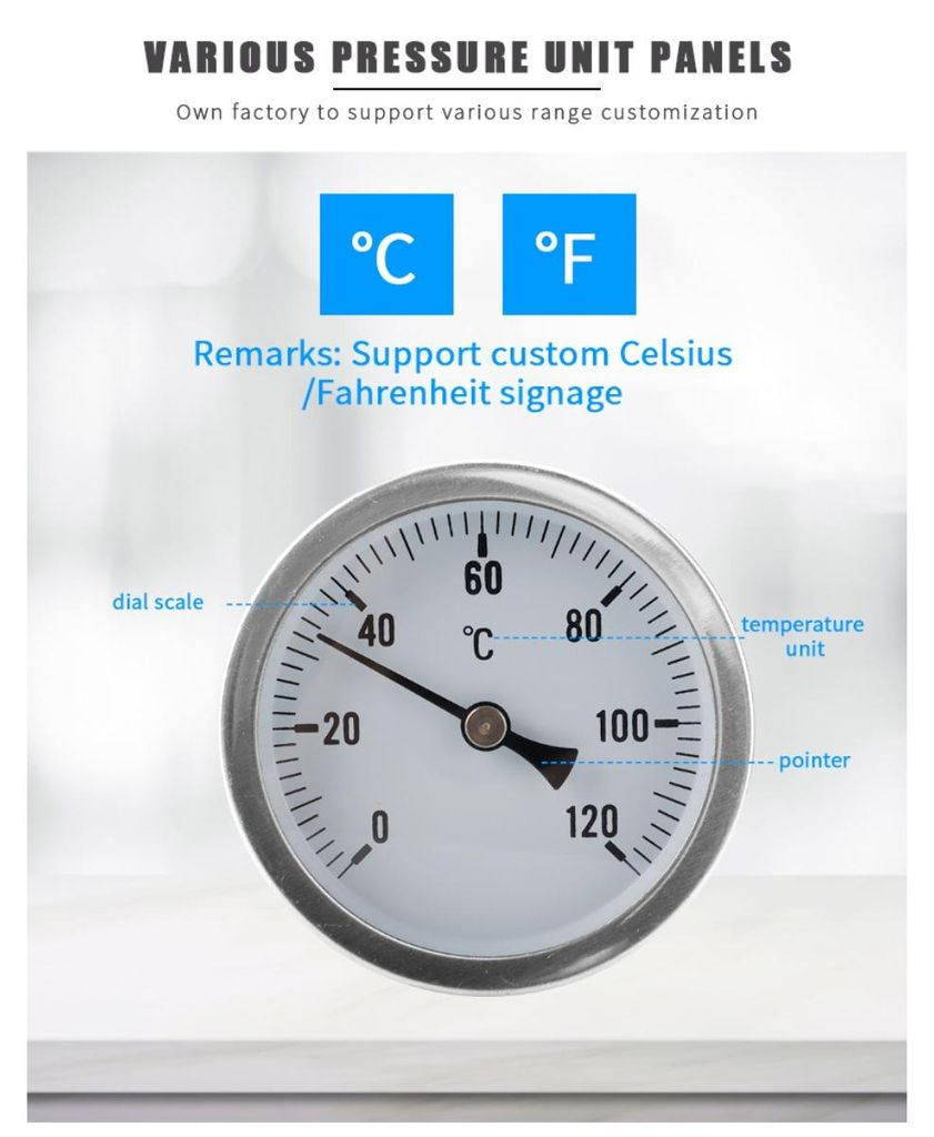 Ein Thermometer mit Skala von 0-120°C und einem Zeiger, der auf 40°C zeigt.