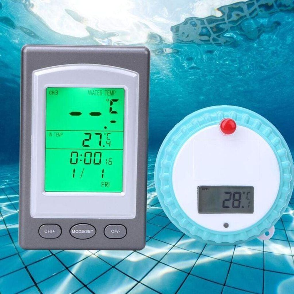 Zwei digitale Thermometer, eines rechteckig mit grüner Anzeige, das andere rund mit blauer Umrandung.