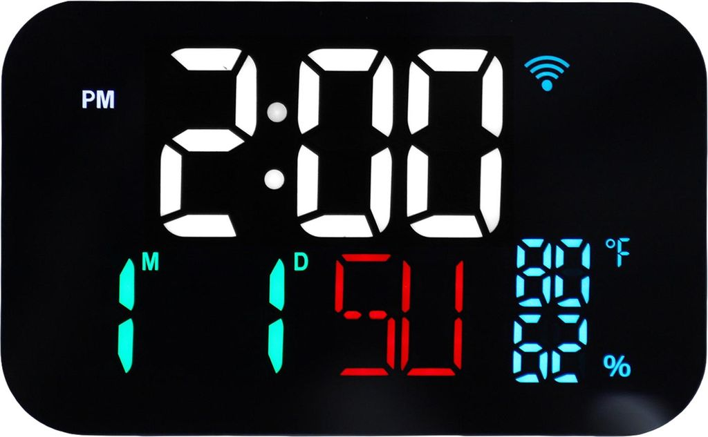 Digitaluhr zeigt 2:00 PM, 18°C und 32% Luftfeuchtigkeit an.