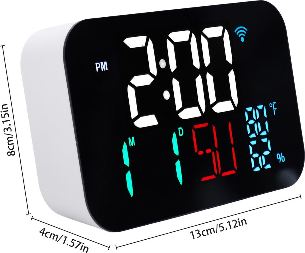 Ein moderner digitaler Wecker zeigt 2:00 PM, Datum und Raumtemperatur an.