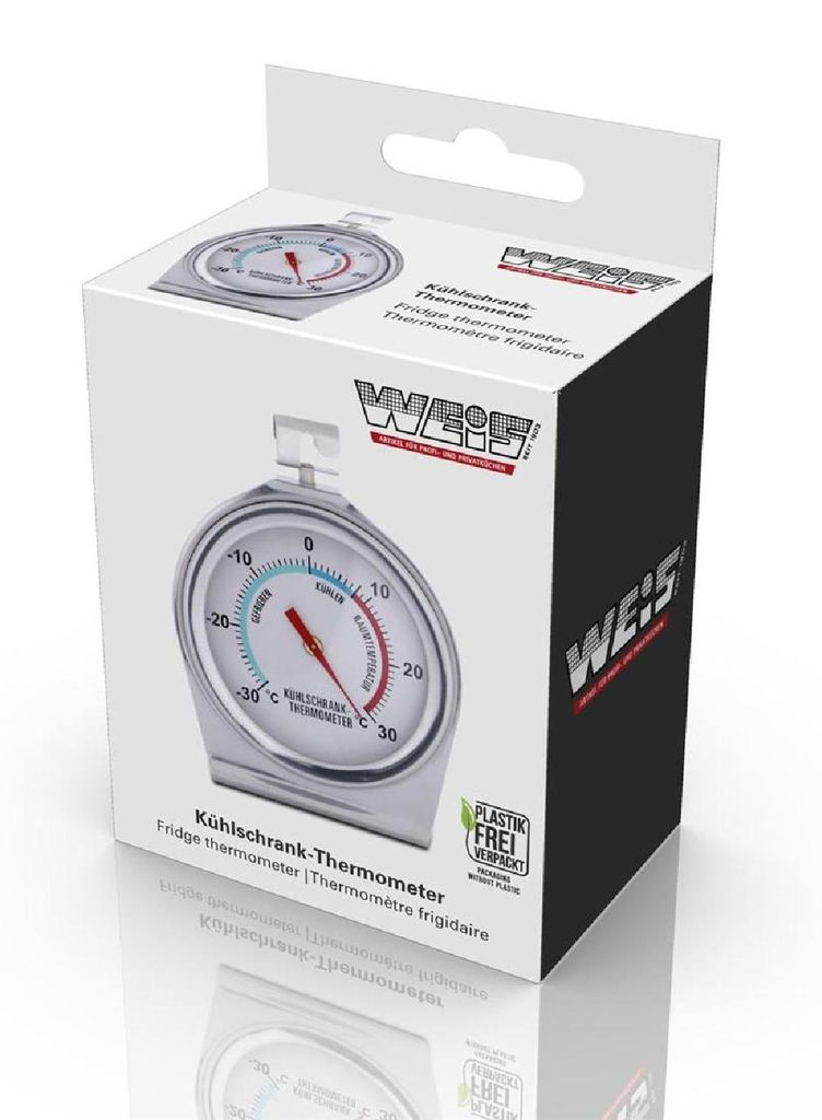 Verpackung eines Kühlschrankthermometers mit silbernem Gehäuse und rotem Zeiger.