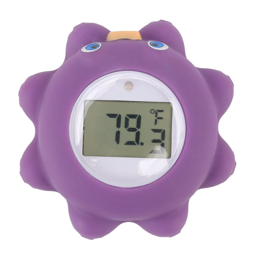 Lila Oktopus-Badethermometer mit digitaler Anzeige von 79,9 °F.