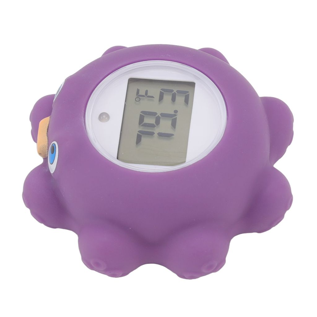Lila Oktopus-Thermometer mit digitaler Anzeige und orangefarbenem Ohr.