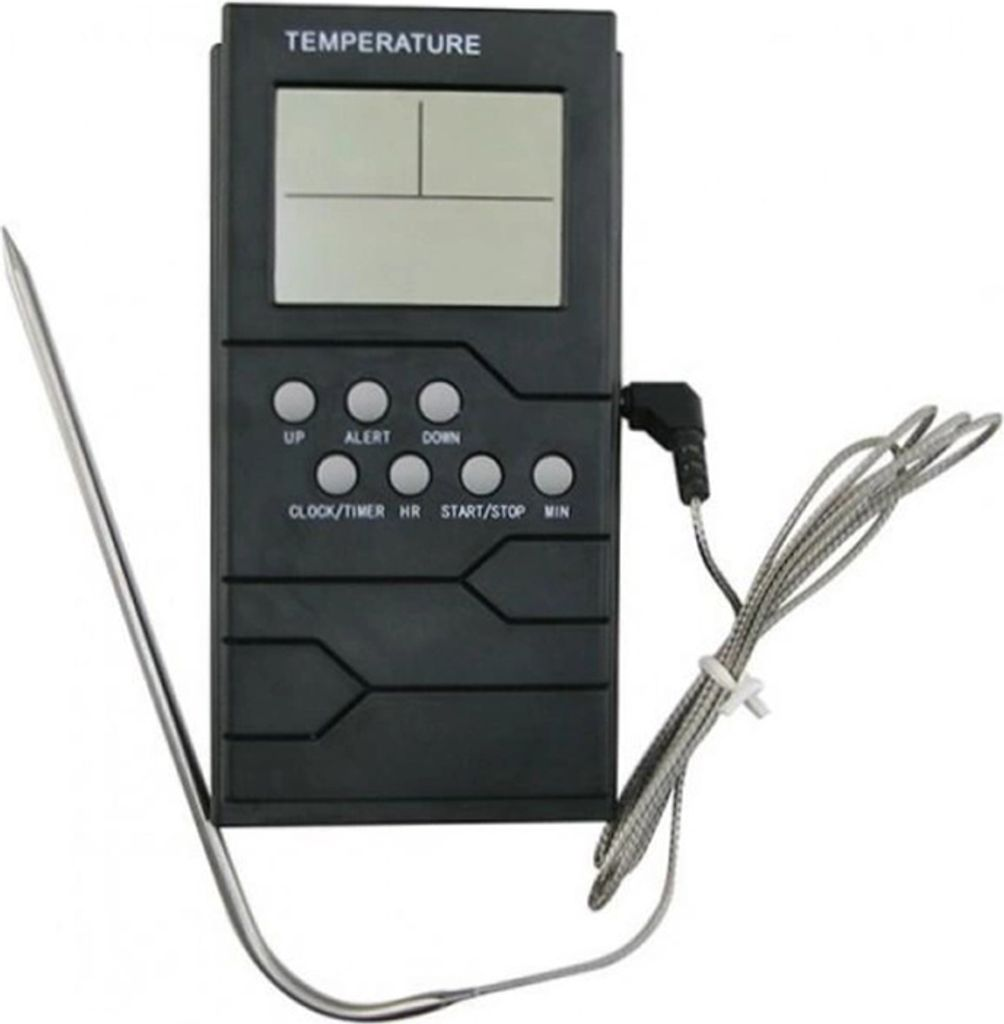 Ein schwarzer digitaler Thermometer mit Metallsonde und Kabel.