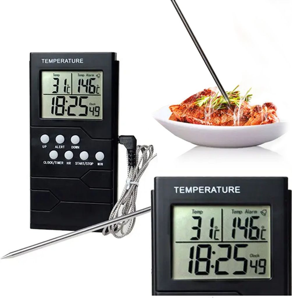 Ein digitaler Fleischthermometer mit zwei Displays und einer Sonde, die in Fleisch steckt.