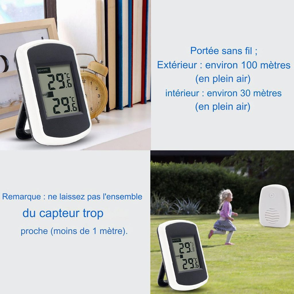 Digitalthermometer auf einem Regal neben Büchern und ein Kind im Garten.