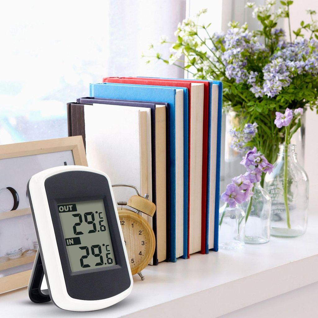 Ein Thermometer zeigt 29,6 Grad innen und außen an. Daneben stehen Bücher und Blumen.