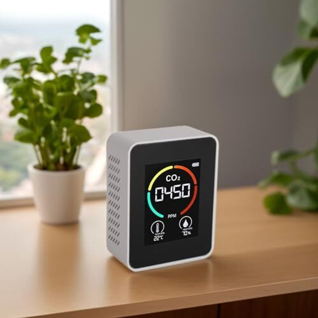 Ein weißer CO2-Detektor auf einem Holztisch mit Pflanzen im Hintergrund.