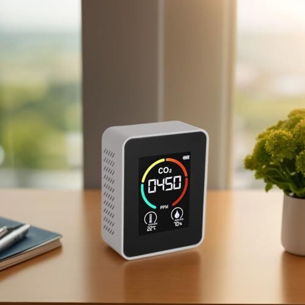Ein CO2-Messgerät auf einem Tisch zeigt 450 ppm, 22°C und 10% Luftfeuchtigkeit an.
