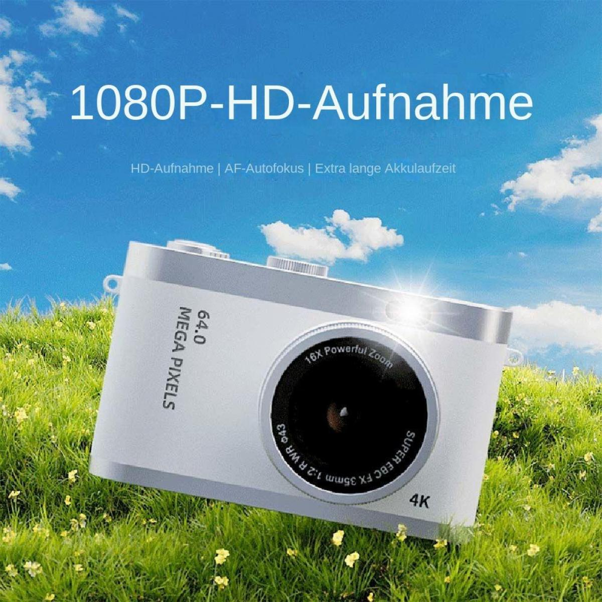 Eine weiße Kamera auf grünem Gras vor blauem Himmel mit Wolken. Der Text lautet 1080P-HD-Aufnahme.